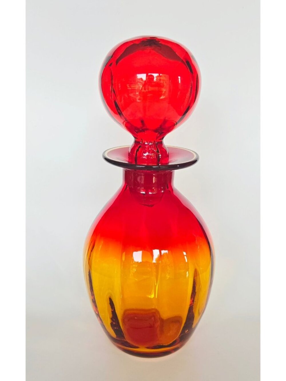 Gorgeous Blenko Red, Tangerine Amberina, Glass Decanter with Large Ball Stopper,